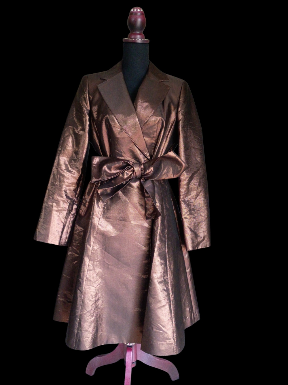 Anne Klein Bronze Satin Robe-Style Coat with Bow Tie